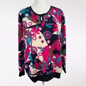 Vintage Y2K Colorful Floral Knit Sweater Pullover Medium